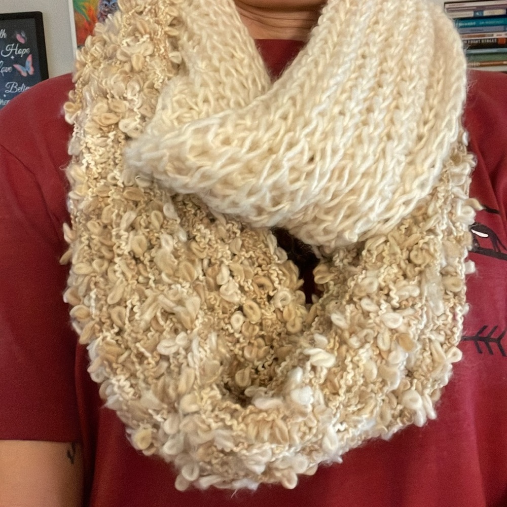 Renee’s NYC Accessories- Infinity Scarf-  soft Cream and Tan Crocheted-